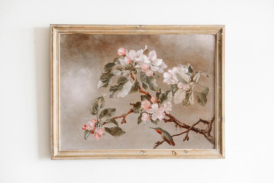Apple Blossom Hummingbird Vintage Botanical Painting Art Poster