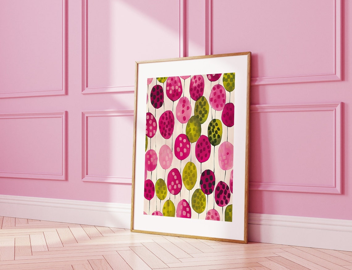Pink Green Balloon Pattern Playful Nursery Abstract Art Poster - Image 2