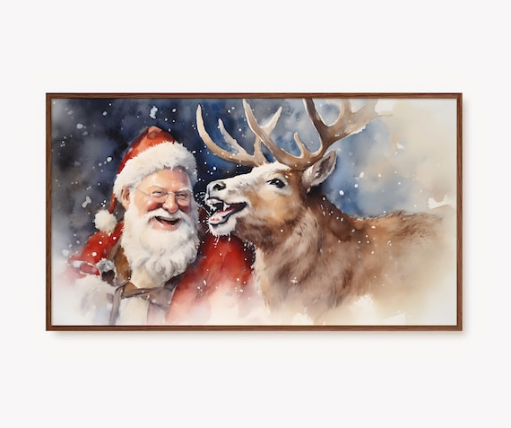 Santa Claus and Reindeer Snowy Watercolor Christmas Scene Poster
