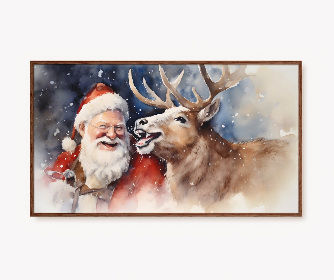Santa Claus and Reindeer Snowy Watercolor Christmas Scene Poster