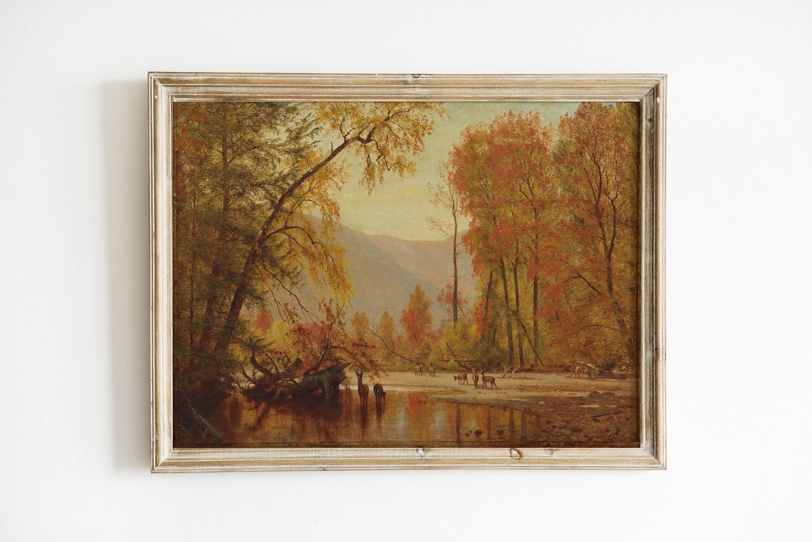 Autumn River Forest Deer Vintage Golden Fall Landscape Poster - Image 2