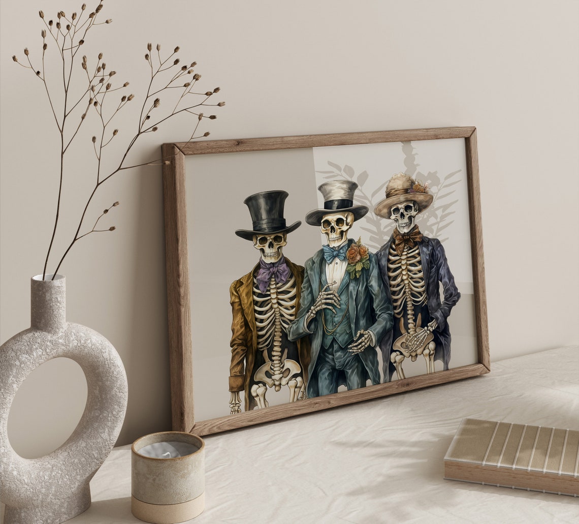 Dapper Skeleton Trio Top Hats Vintage Suits Halloween Party Poster - Image 2