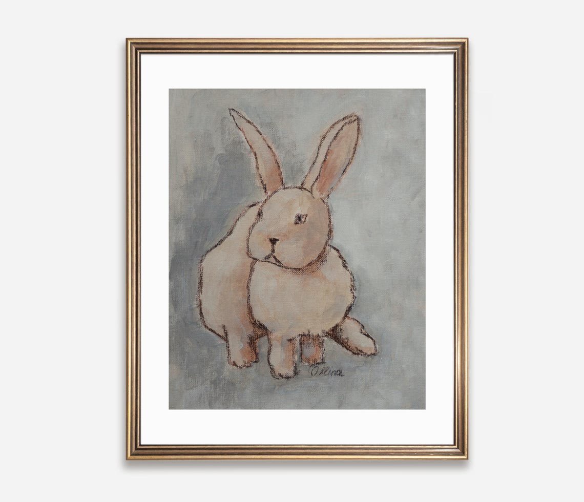 Sitting White Rabbit With Long Ears Whimsical Sketch Art Poster