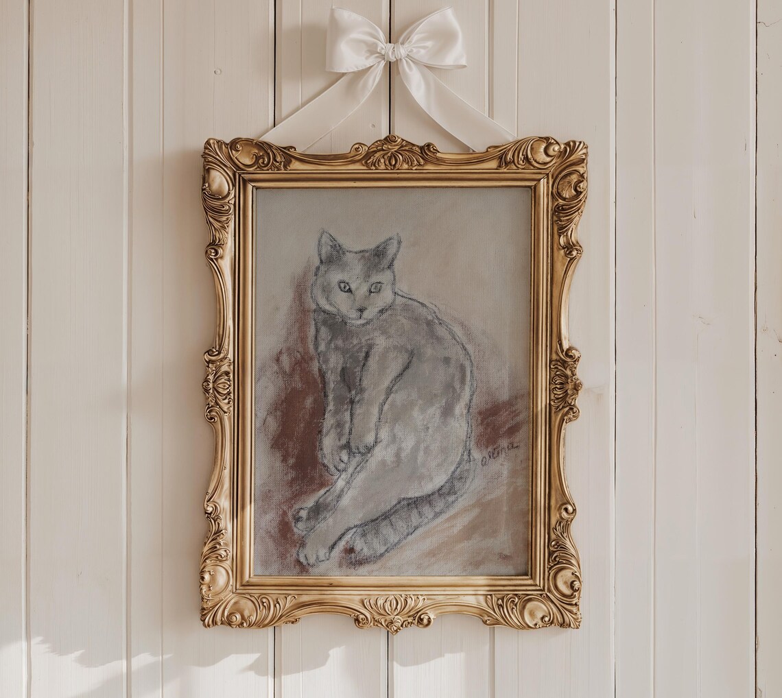 Gray Cat Minimalist Drawing, Poster Print - Image 2