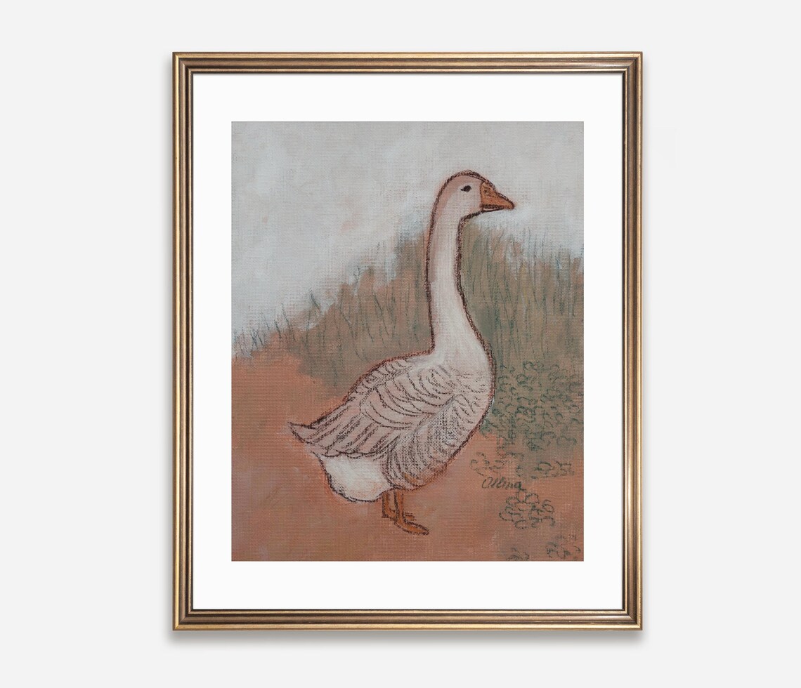 White Goose Standing Tall in a Rustic Meadow Painting Art Poster