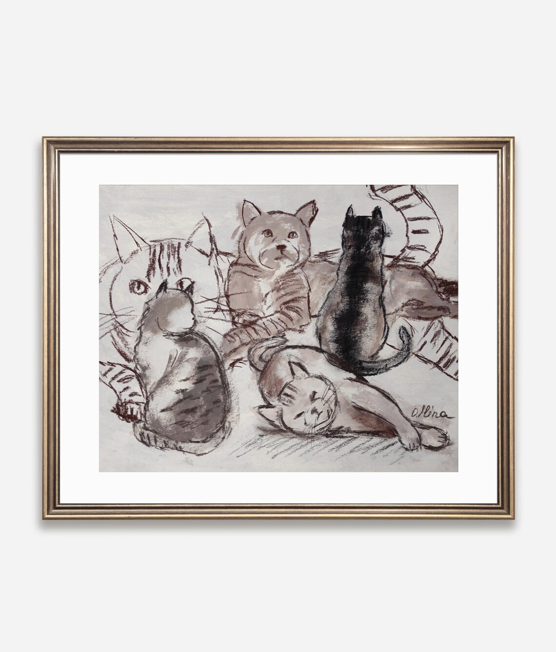 Five Cats Lounging Sketch Poster Sepia Ink Cat Group Artwork