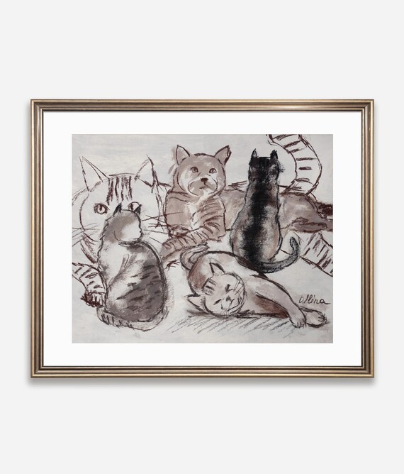 Five Cats Lounging Sketch Poster Sepia Ink Cat Group Artwork