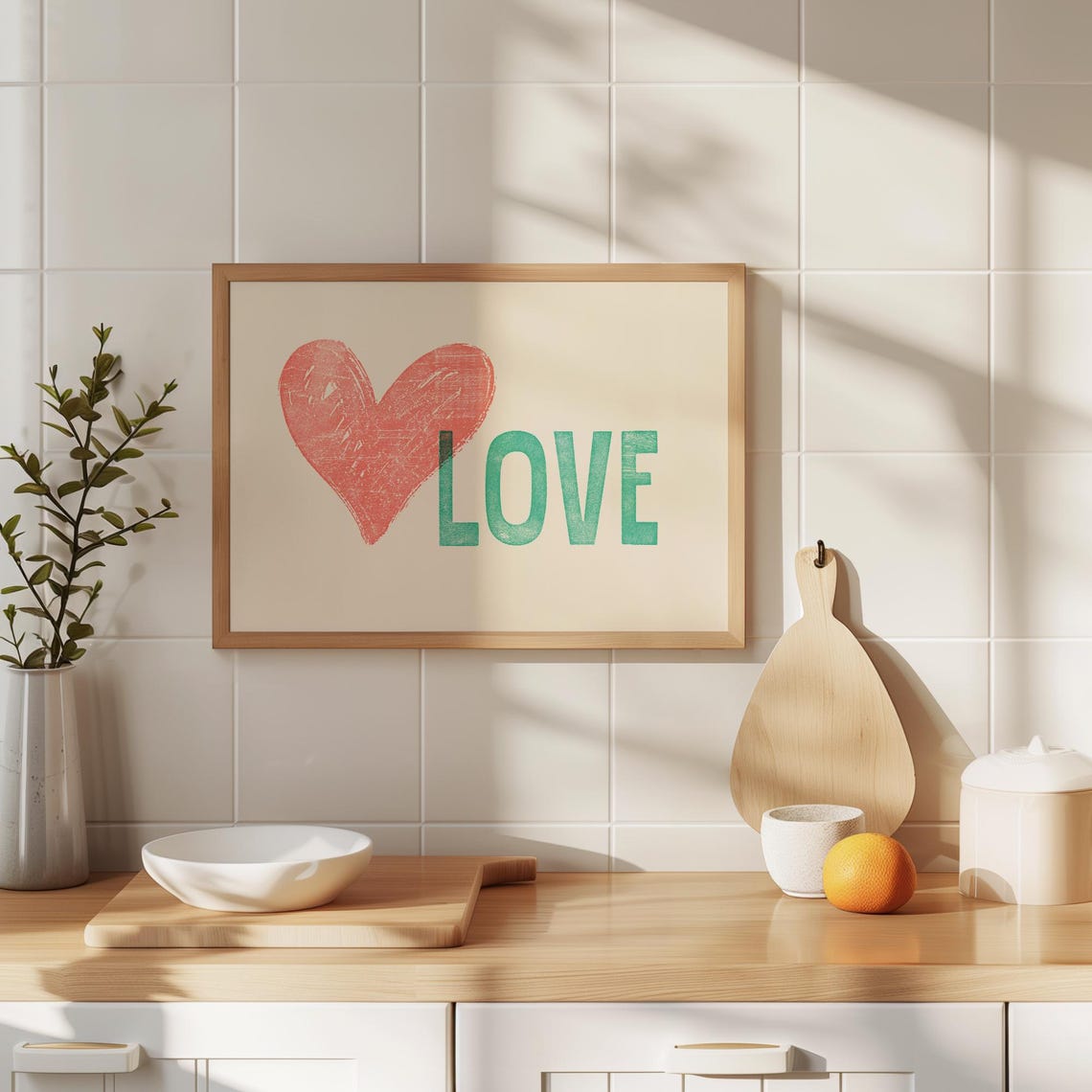 Red Heart Green Love Letterpress Style Kitchen Romantic Art Poster