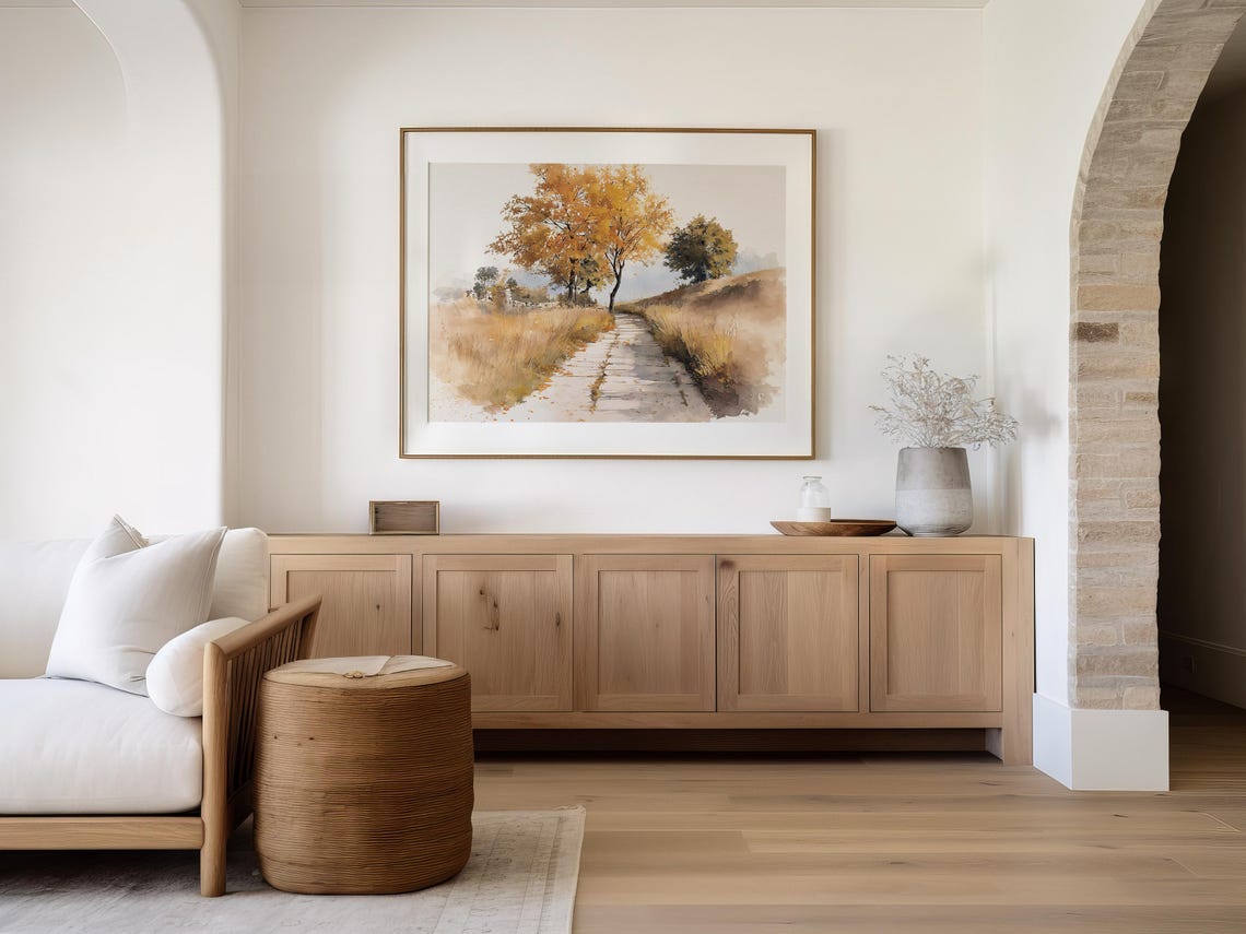 Golden Autumn Pathway Watercolor Fall Country Landscape Wall Print