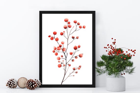 Red Berries Watercolor Print Holiday Botanical Wall Art