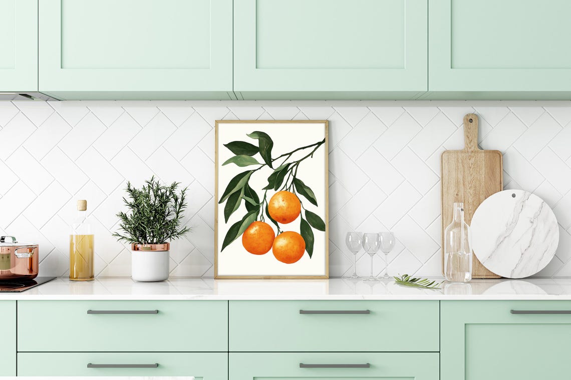 Watercolor Orange Branch Botanical Fruit Kitchen Wall Poster