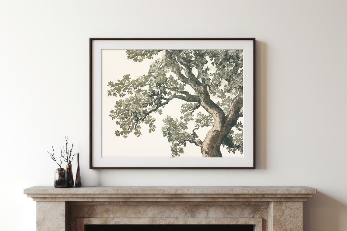 Ancient Oak Tree Woodblock Botanical Sage Green Spring Poster