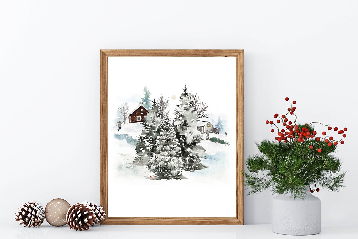 Charming Snowy Cabin Pond Skaters Winter Wonderland Watercolor Poster - Image 2