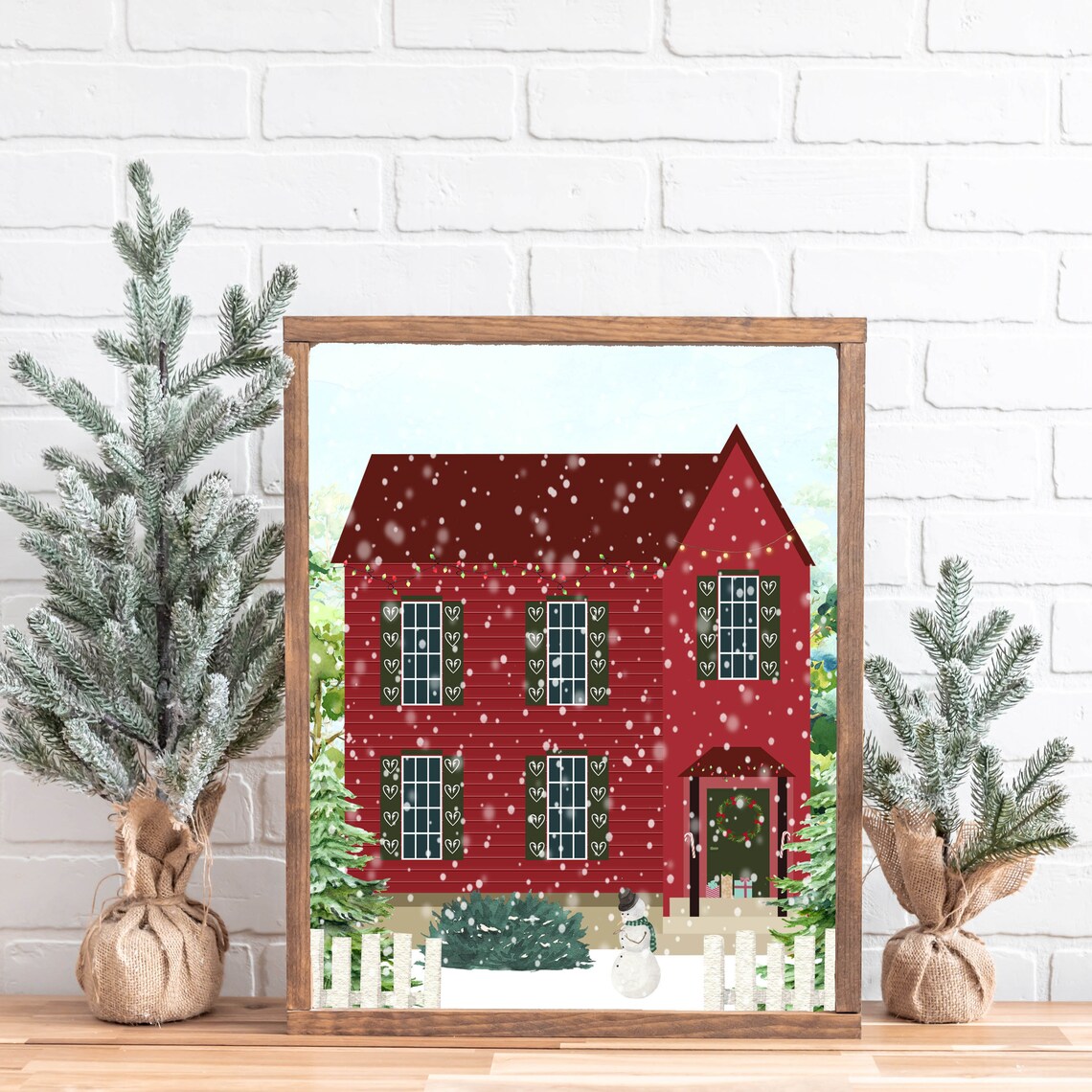 Cozy Red Farmhouse Christmas Snowy Night Scene Holiday Wall Art - Image 3