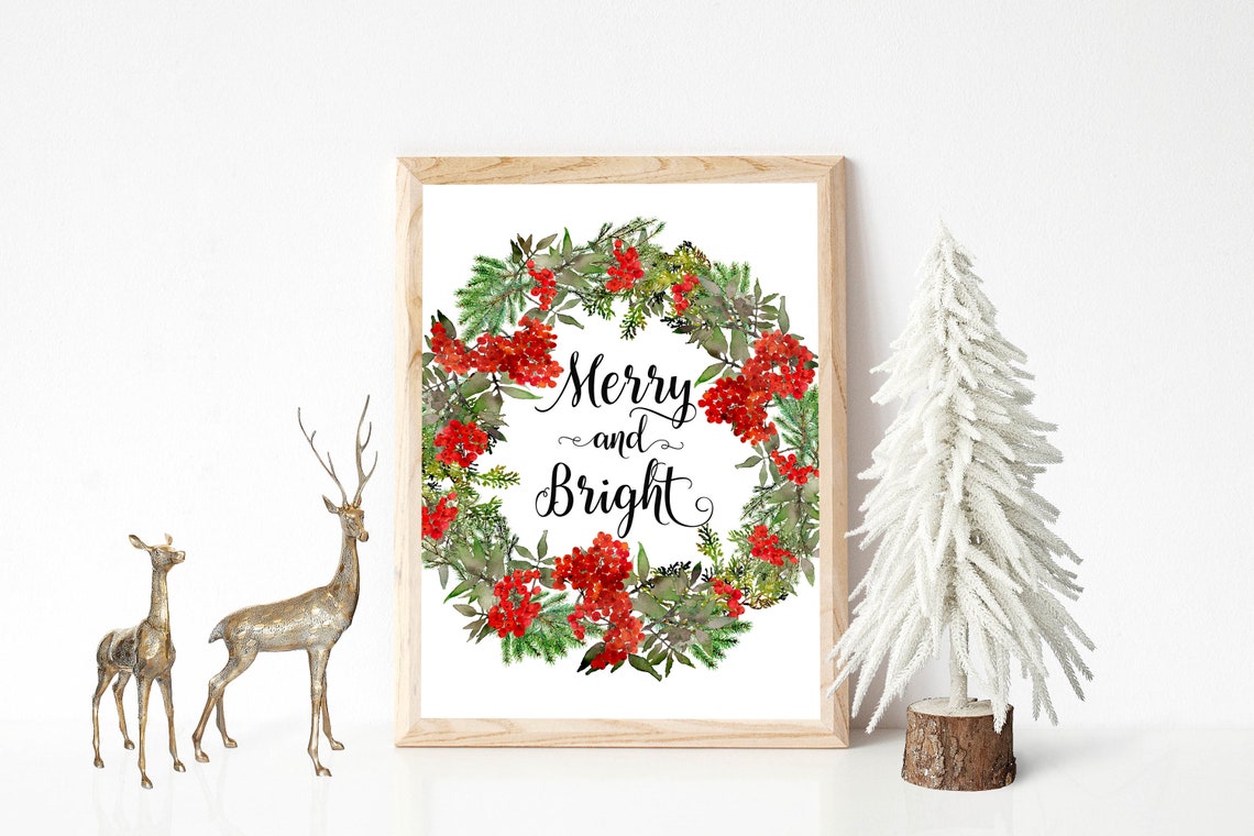 Merry and Bright Red Winterberry Wreath Watercolor Holiday Poster - Image 2