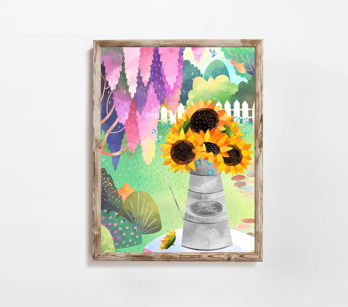 Sunflower Garden Watering Can Wisteria Picket Fence Art Poster - Image 2