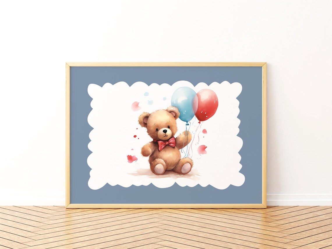 Watercolor Teddy Bear With Red Bow Balloons Baby Nursery Print