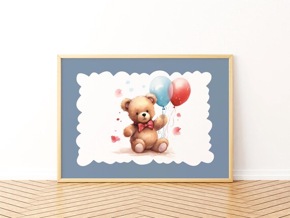 Watercolor Teddy Bear With Red Bow Balloons Baby Nursery Print
