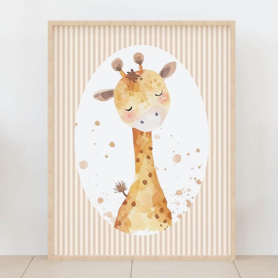 Watercolor Giraffe Nursery Wall Art Safari Jungle Baby Animal Striped Kids Room Playroom Decor Poster