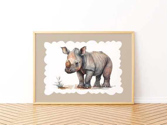 Cute Baby Rhino Print Safari Nursery Decor Watercolor African Animal Art For Gender Neutral Kids Room