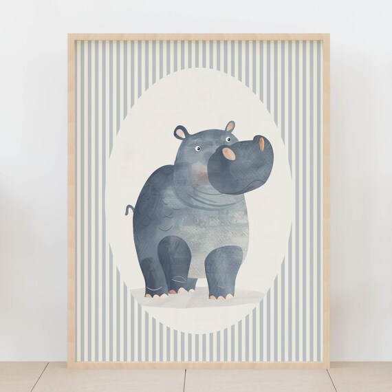 Baby Hippo Watercolor Cute Safari Animal Kids Nursery Poster