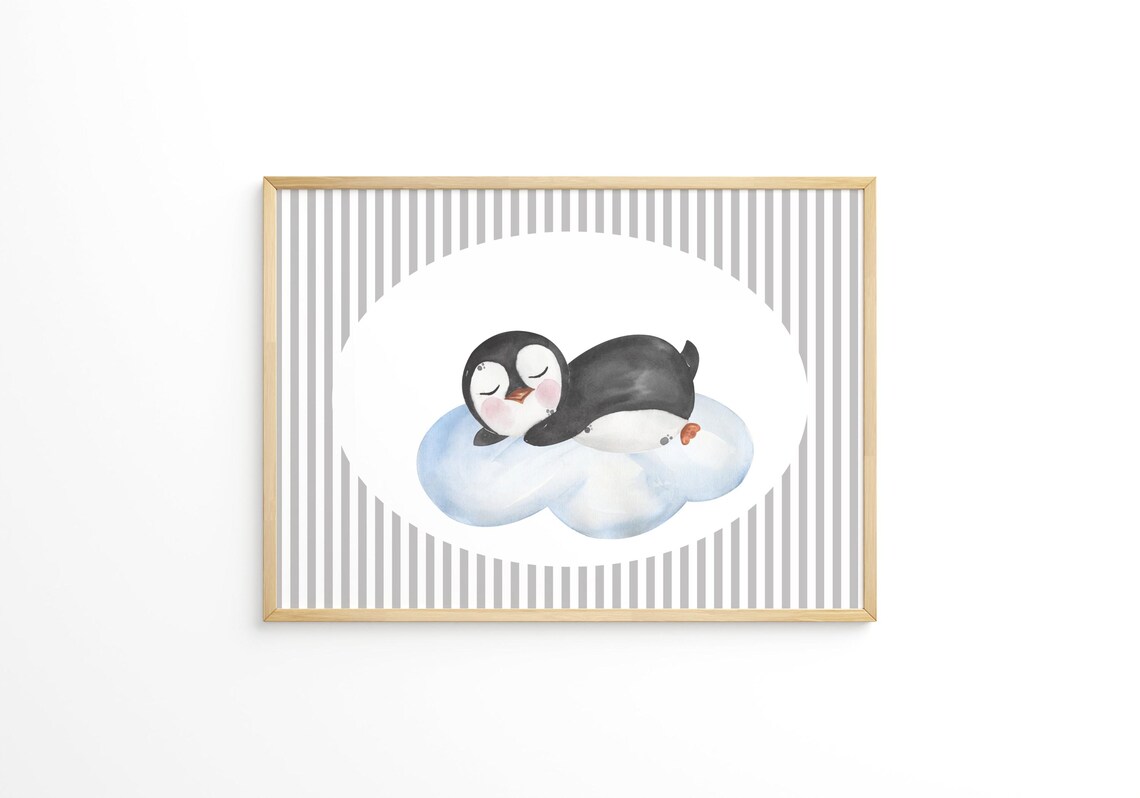 Sleeping Baby Penguin on a Cloud Watercolor Nursery Wall Art
