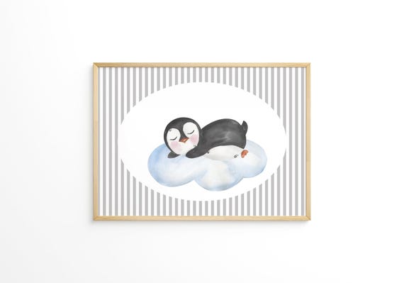 Blue Stripes Theme Baby Room Decor Sleeping Penguin Nursery Wall Art Cute Animal Kids Print Gender Neutral