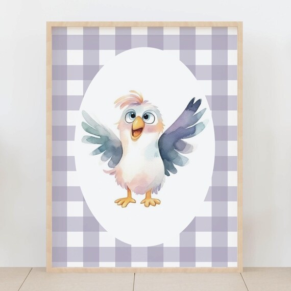 Sweet Baby Bird Watercolor Nursery Gingham Kids Room Decor Poster