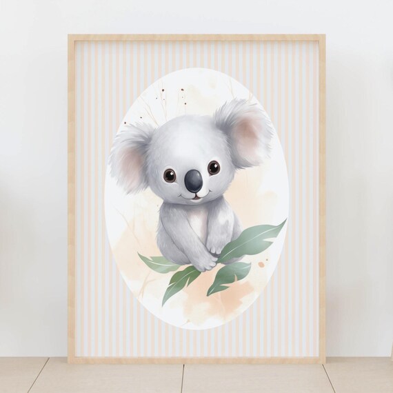Baby Koala With Eucalyptus Leaves Sweet Nursery Striped Wall Art