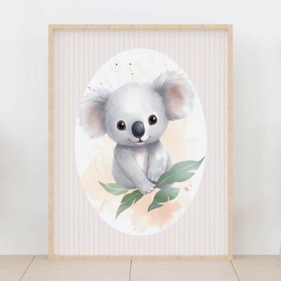 Stripes Theme Baby Koala Nursery Wall Art Australian Animal Decor Watercolor Jungle Kids Room Poster