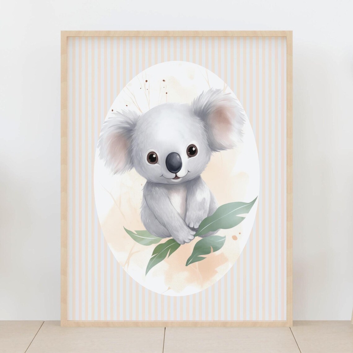 Baby Koala With Eucalyptus Leaves Sweet Nursery Striped Wall Art