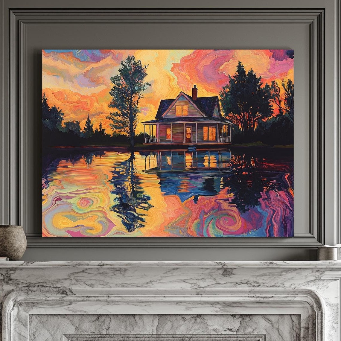 Sunset Lakehouse With Psychedelic Swirling Lake Reflection Art Print