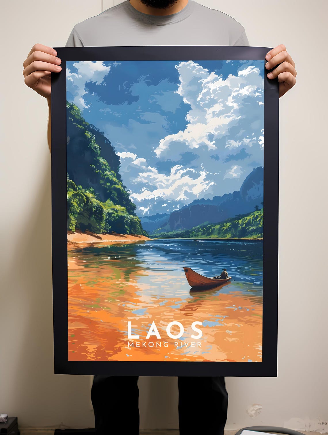Laos Mekong River Karst Cliffs Wooden Boat Retro Travel Poster - Image 2