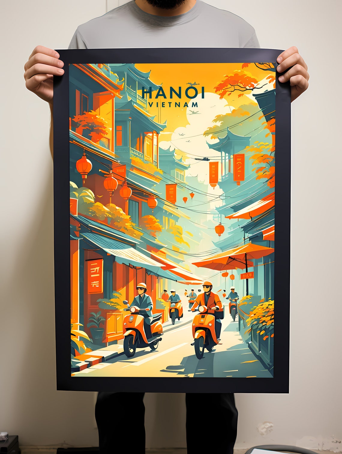 Hanoi Scooter Street Red Lanterns Bold Orange Travel Art Poster