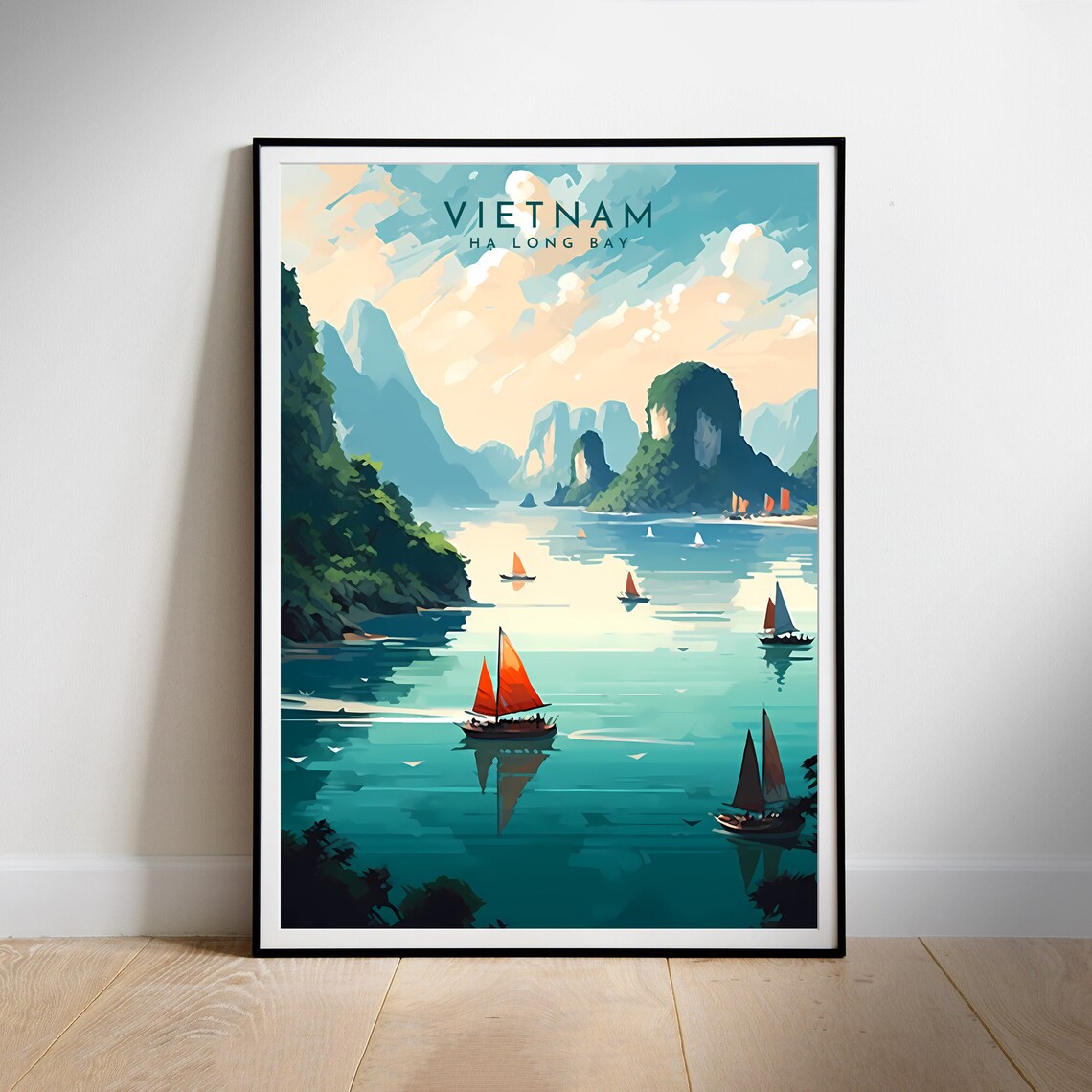 Ha Long Bay Vietnam Sailboats Limestone Karsts Vintage Poster - Image 2