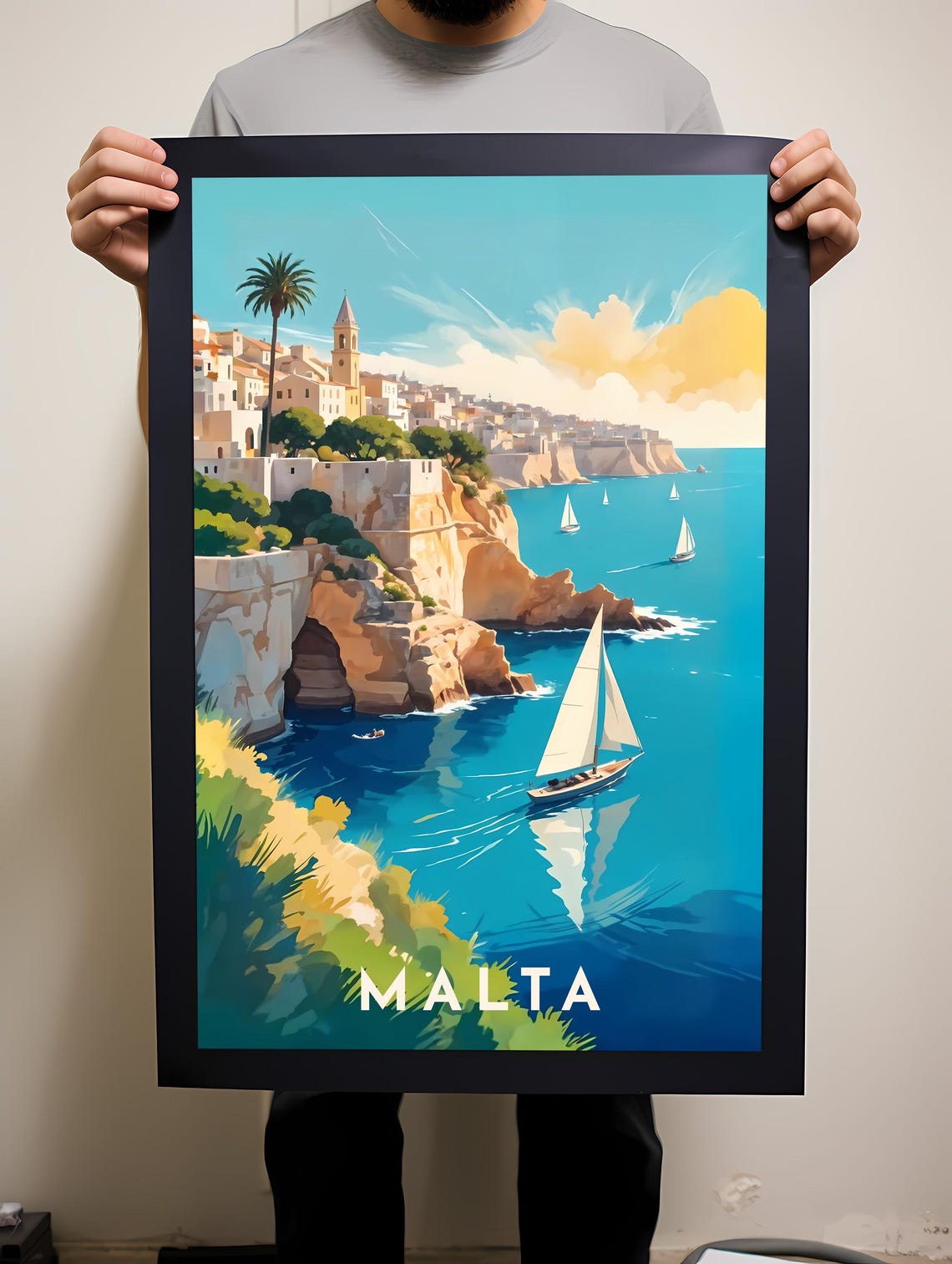 Malta Cliffside Harbor Sailboats Mediterranean Coast Travel Poster - Image 2