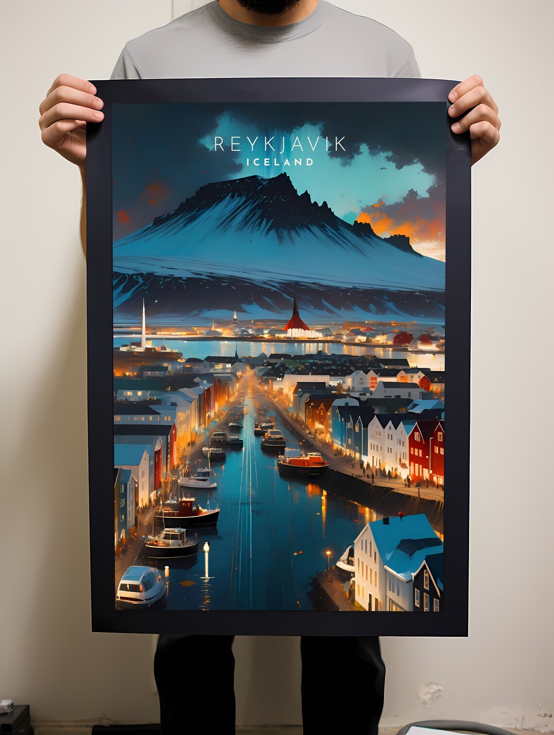 Reykjavik Iceland Harbor Night Snowcapped Mountain Travel Poster - Image 2