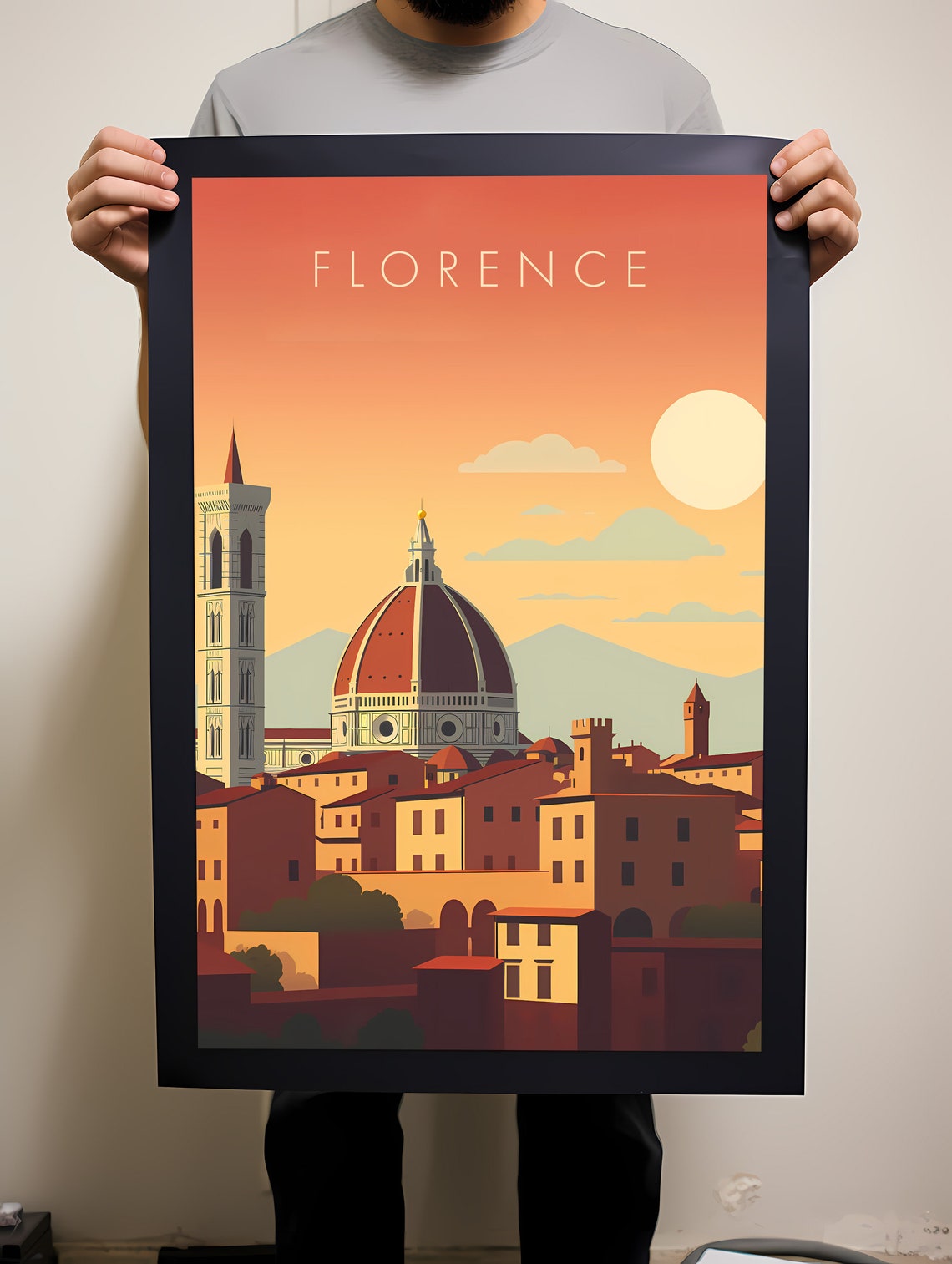 Florence Italy Sunset Duomo Cathedral Vintage Illustration Poster - Image 2