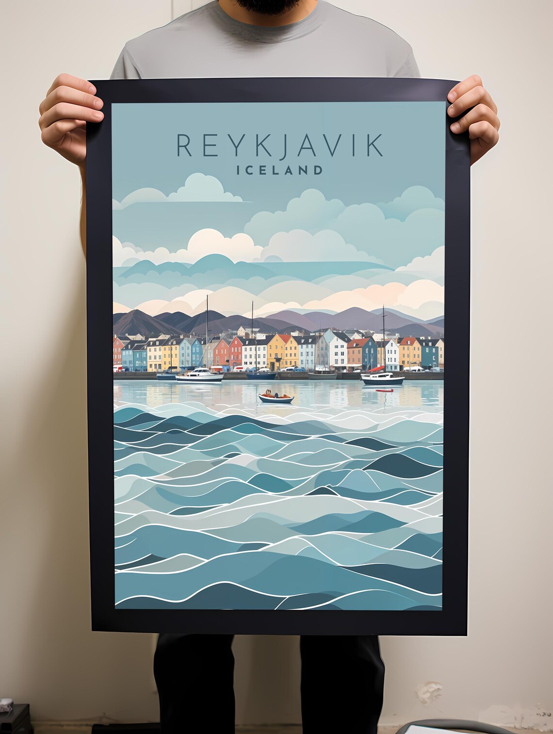 Reykjavik Iceland Colorful Harbor Illustrated Retro Travel Poster
