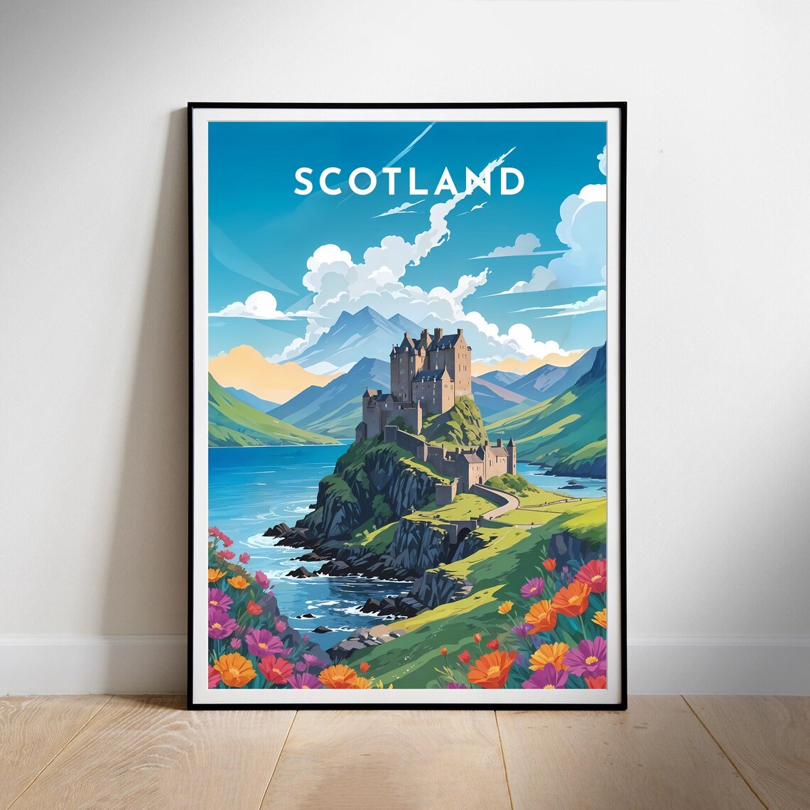 Scotland Highland Castle Sea Cliffs Retro Floral Art Travel Poster