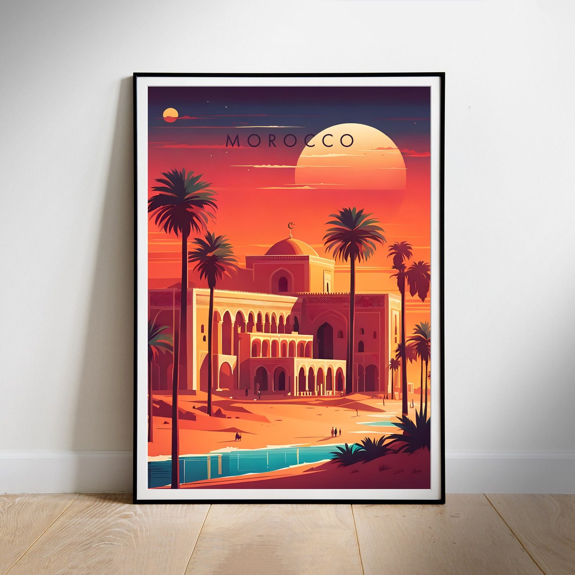 Morocco Desert Sunset Palace Palm Trees Colorful Travel Poster