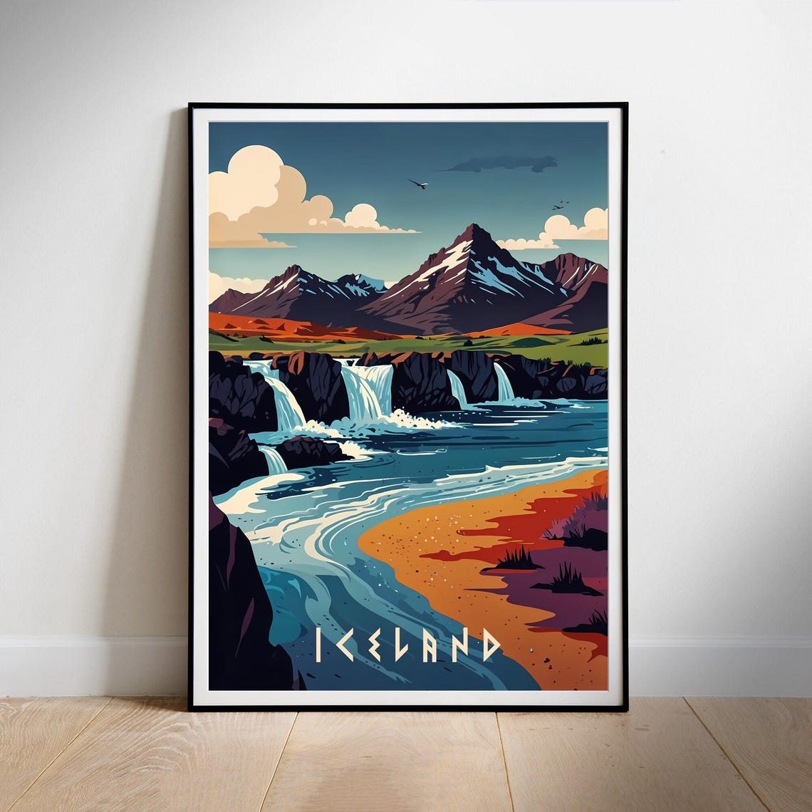 Iceland Waterfalls Snowcapped Mountains Retro Art Travel Poster