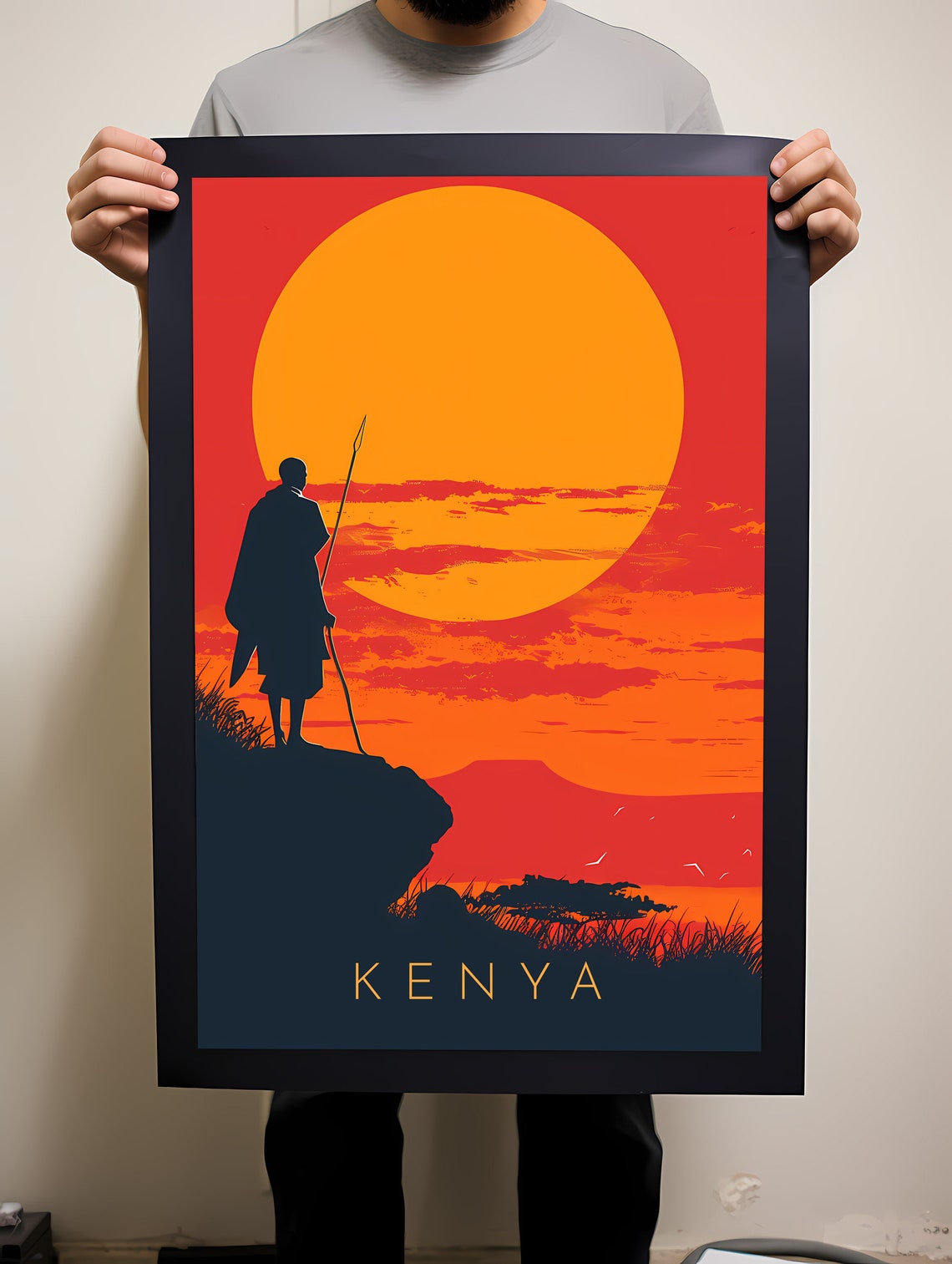 Kenya Africa Maasai Warrior Giant Sunset Silhouette Travel Poster