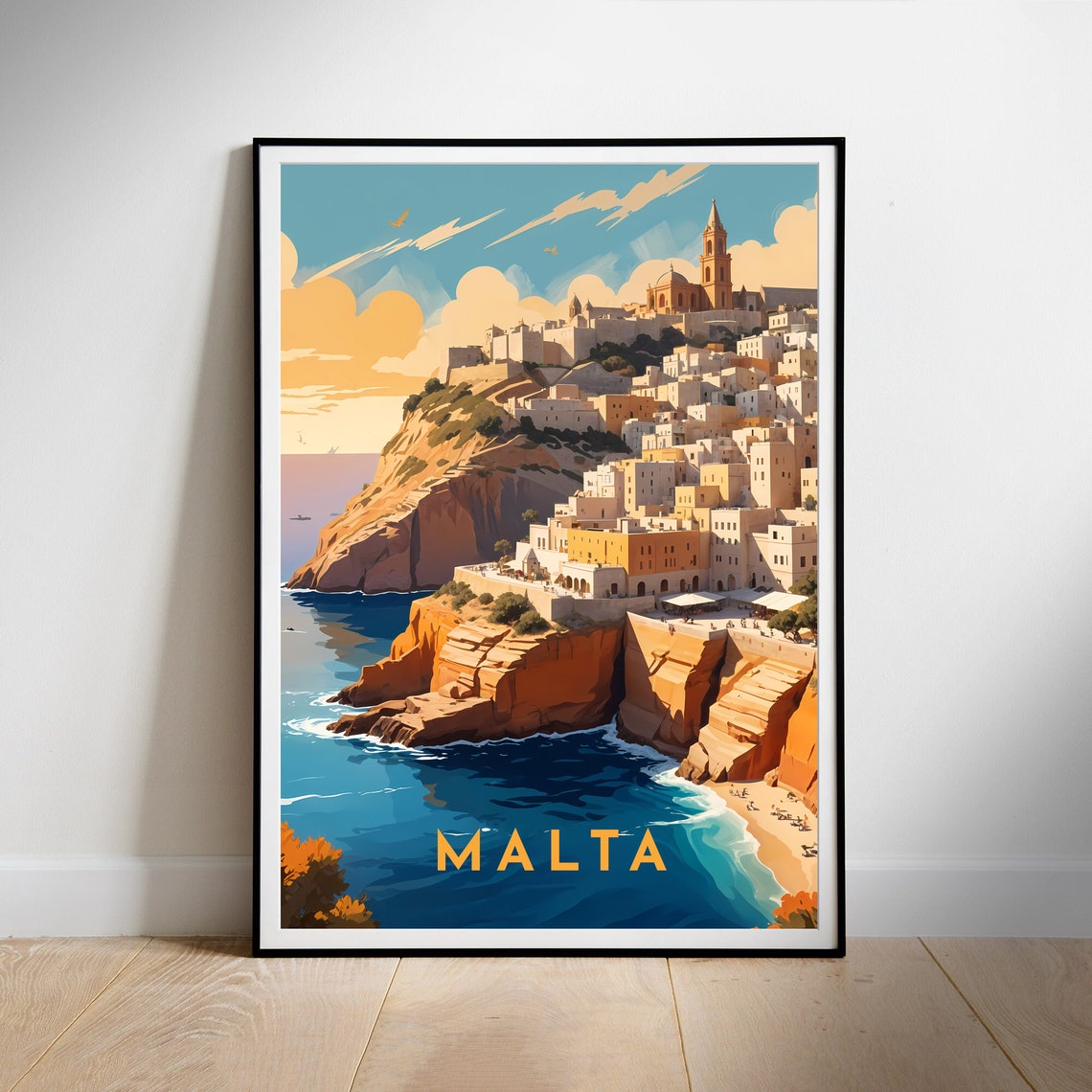 Malta Mediterranean Cliffside Town Coastal Vintage Travel Poster - Image 2