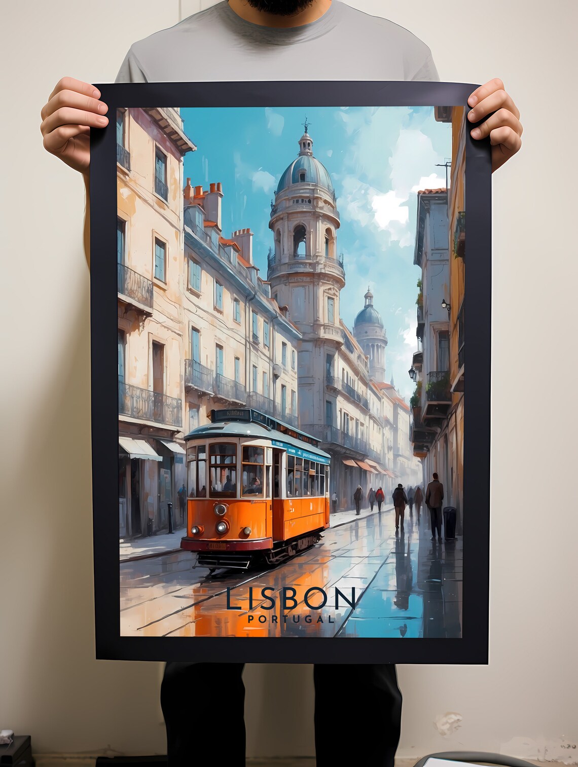 Lisbon Portugal Vintage Orange Tram Rainy Street Scene Travel Poster