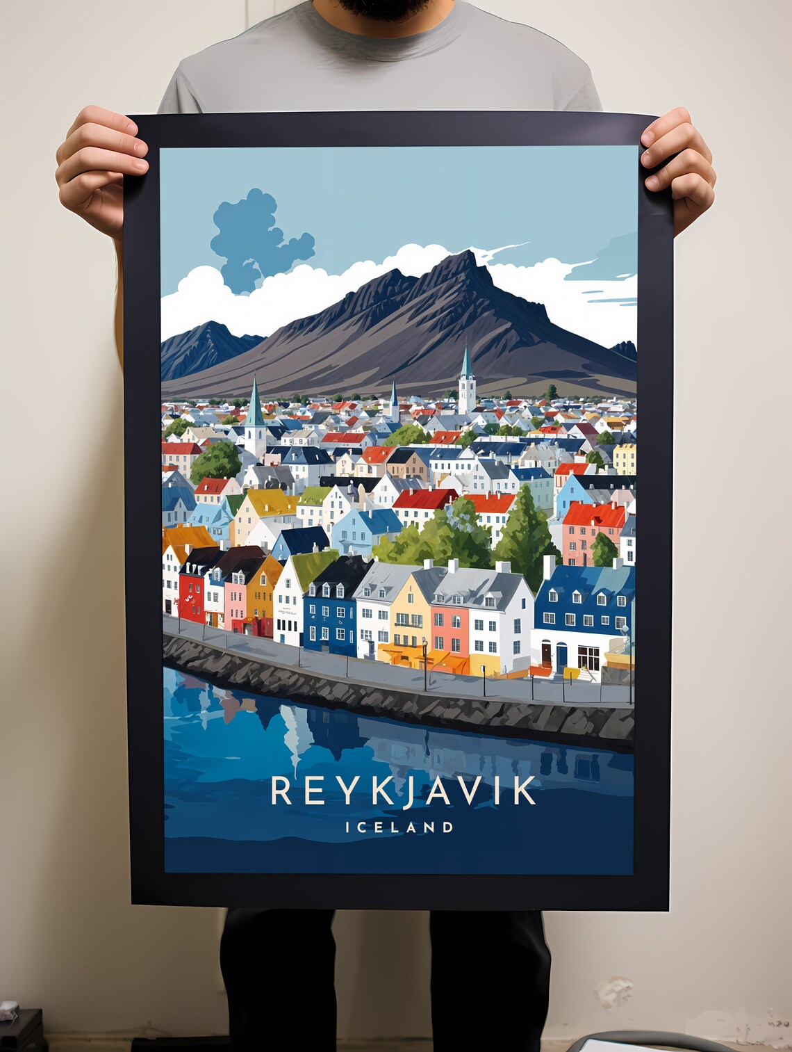 Reykjavik Iceland Colorful Harbor Houses Mountain Travel Poster - Image 2