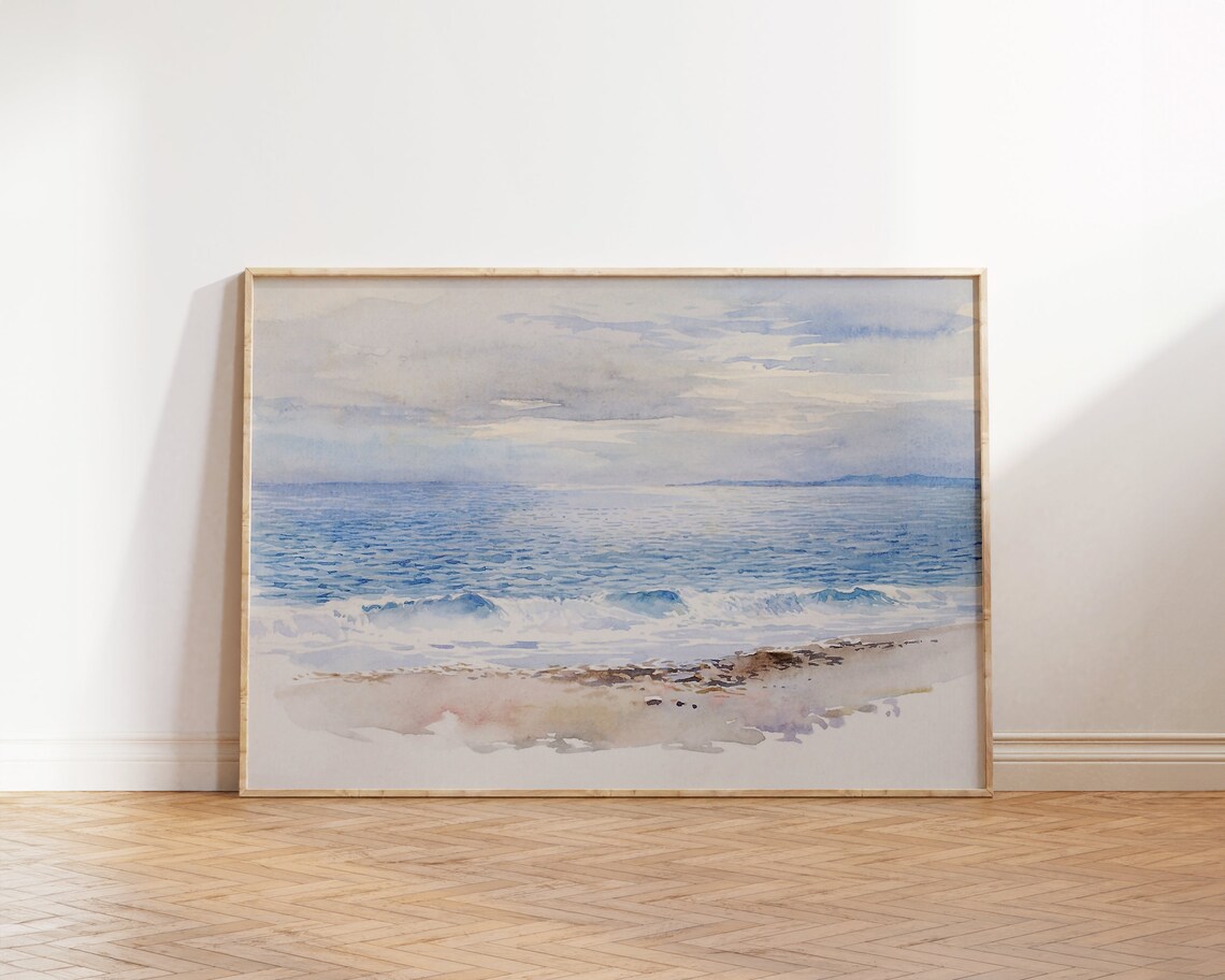 Pastel Beach Ocean Waves Watercolor Painting Soft Coastal Wall Art Poster - Image 2