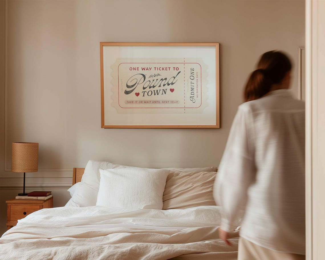 One Way Ticket To Pound Town Cream Red Retro Ticket Funny Love Poster - Image 2