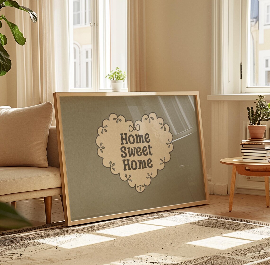 Home Sweet Home Sage Green Scalloped Heart Neutral Cozy Wall Art - Image 2