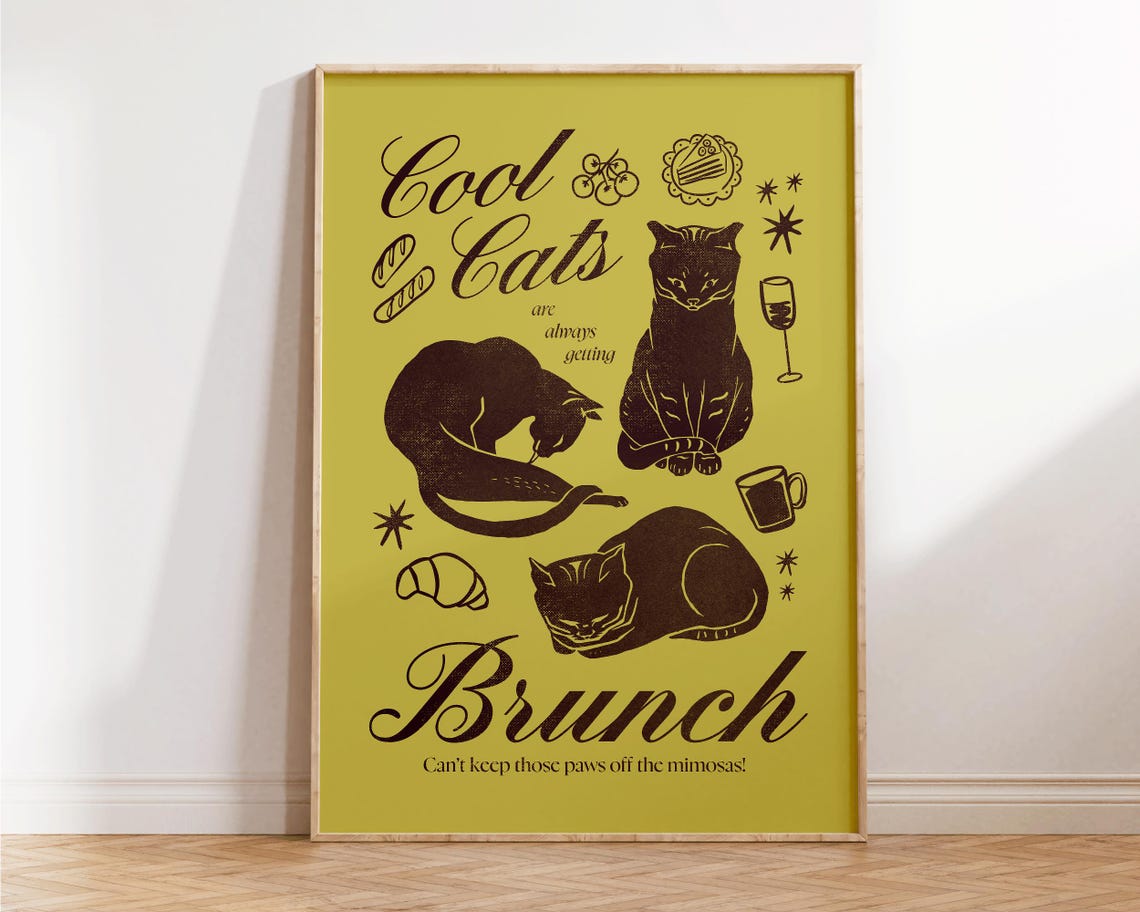 Cool Cats Brunch Funny Green Retro Cat Illustration Kitchen Poster - Image 3